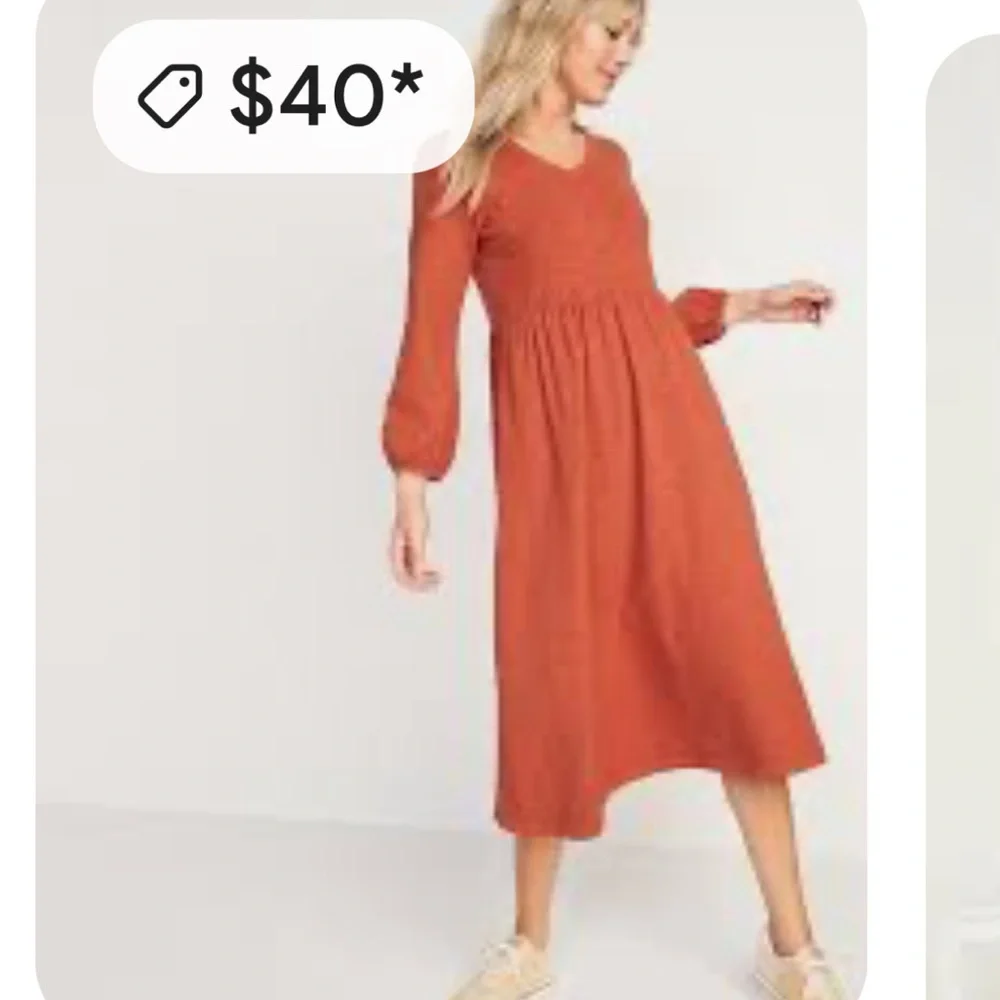 Old Navy Burnt Sienna Rust Long Sleeve Midi Dress Slub Knit Fall Thanksgiving XS - Picture 2 of 6